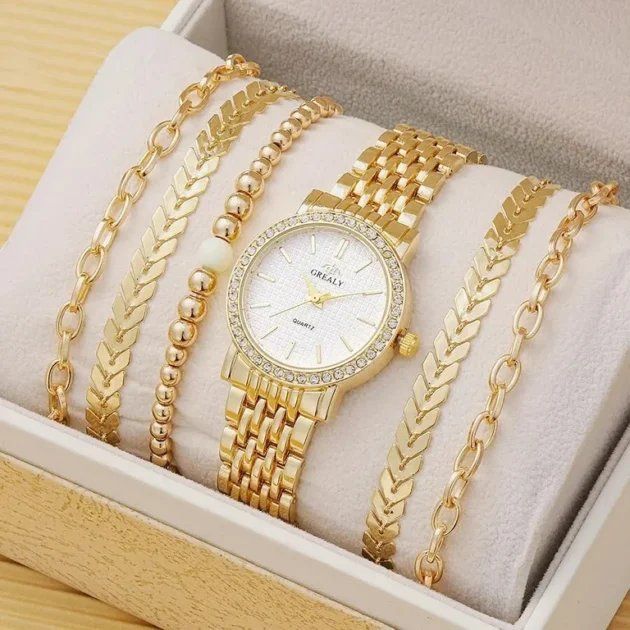 6pcs Dainty Quartz Watches Simple Bracelet Women Leisure Casual Round Pointer Rhinestone Dial Watch Wheat Bracelet Set silver white