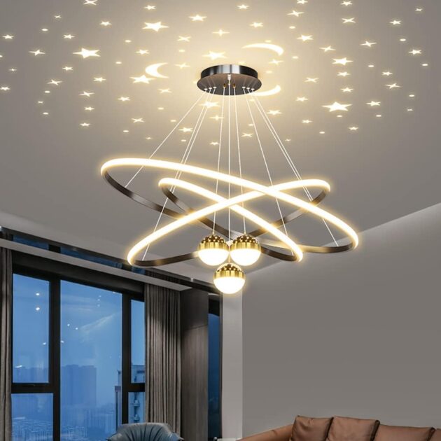 LED Chandelier Pendant Lighting for Dining Room,3 Ring Starry Sky Ceiling Light with 3 Light Colors,Luxury Chandelier(Black)