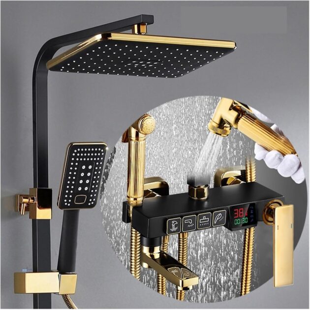 Gold Thermostatic Shower Set – Wall-Mounted Smart Mixer with Square Rainfall Head