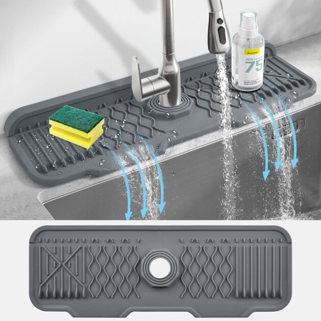 Silicone Sink Faucet Mat with Drainage Slope | Anti-Slip Drip Catcher Tray & Splash Guard