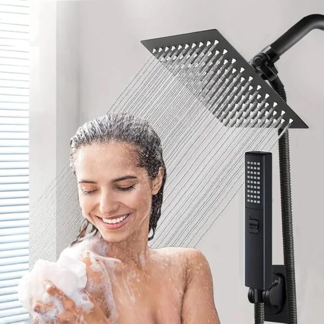 Shower Head, 10'' High Pressure Rainfall Shower Head with 3 Settings Handheld Shower Combo with 11''Extension Arm, Anti-leak Square Rain Shower Head with 78'' Hose/Holder(Matt Black Shower Heads)