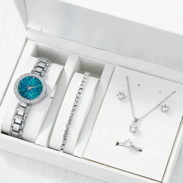 Luxury Watch Women Ring Necklace Earrings Rhinestone Fashion Wristwatch Female Casual Ladies Watches Jewelry Set