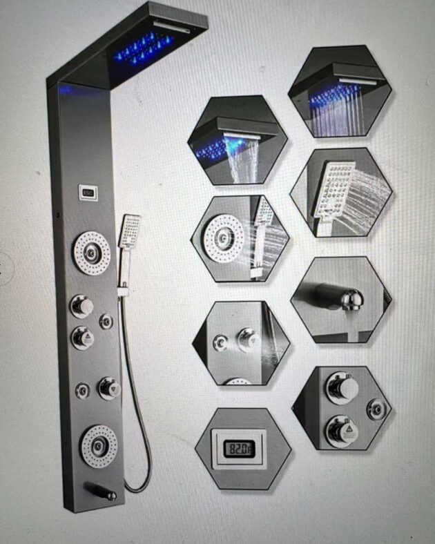 LED Shower Column with Massager, Shower Panel with LCD Display, Temperature Display, Rain, Waterfall, Massage Jets, Handheld Shower and Bathtub Spout, Stainless Steel, Black