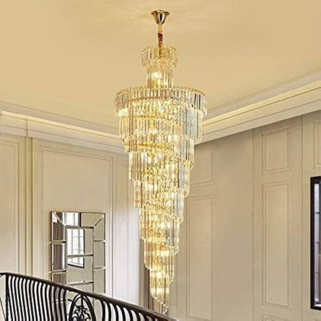 Modern Crystal Staircase Chandelier – Elegant Long Design for High Ceilings