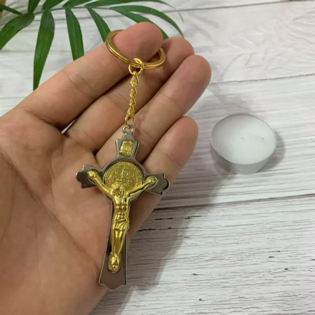 St Benoit Cross Keychain – Gold Stainless Steel Rotating Keyring - Image 3