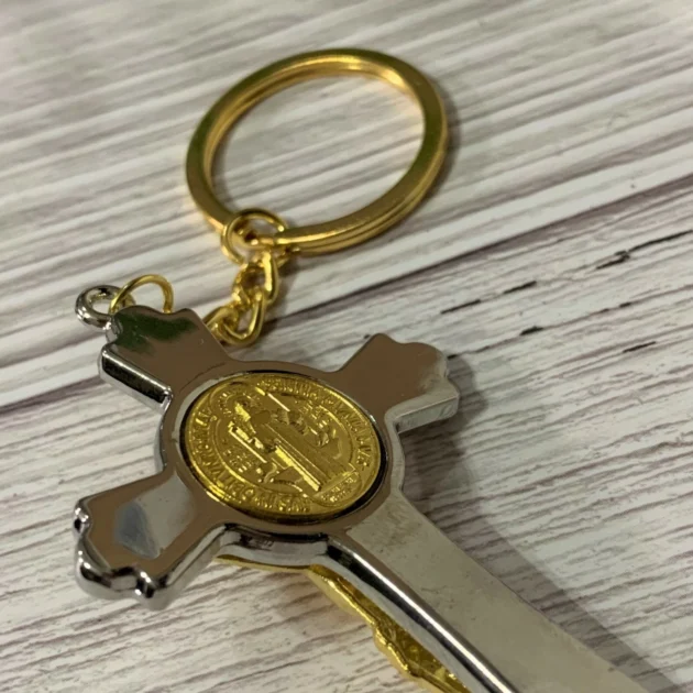 St Benoit Cross Keychain – Gold Stainless Steel Rotating Keyring