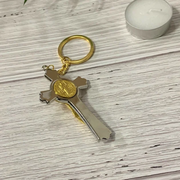 St Benoit Cross Keychain – Gold Stainless Steel Rotating Keyring - Image 5
